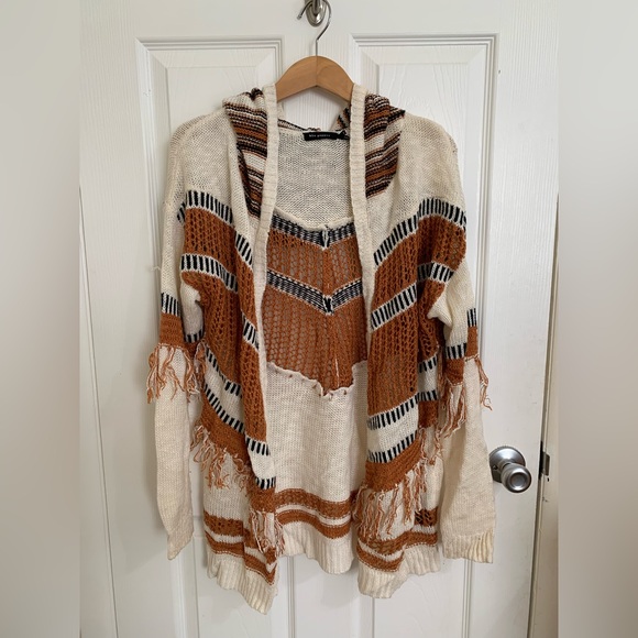 Blu Pepper Sweaters - {3/$15} Blu Pepper | Cream and Brown Knit Fringe Cardigan